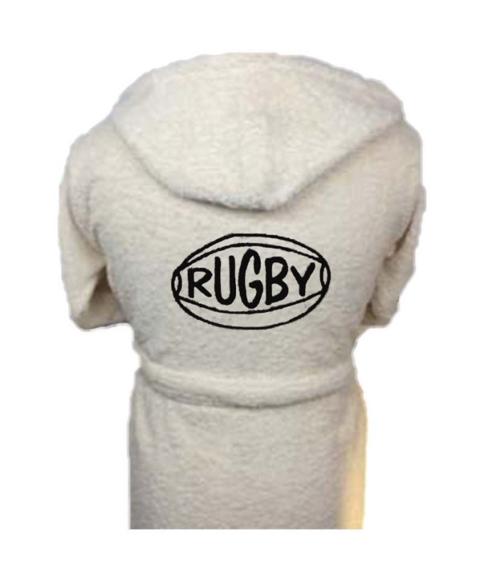 Peignoir brodé enfant 8 à 14 ans personnalisé devant et  motif rugby 2 au dos