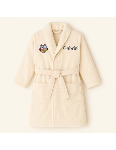 Peignoir brodé enfant personnalisé devant et  motif chouette fille devant