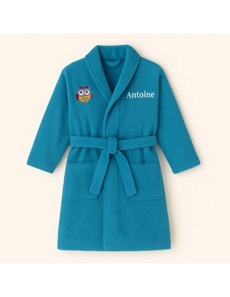 Peignoir brodé enfant personnalisé devant et  motif chouette fille devant