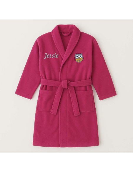 Peignoir brodé enfant personnalisé devant et  motif chouette fille devant