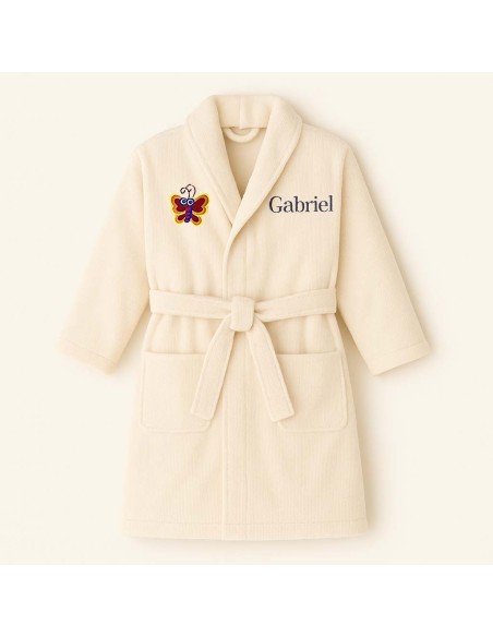 Peignoir brodé enfant personnalisé devant et  motif papillon devant