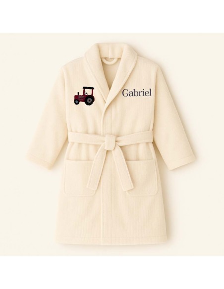 Peignoir brodé enfant personnalisé devant et  motif tracteur devant