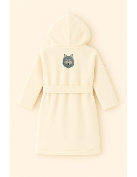 Peignoir brodé enfant personnalisé devant et  motif loup au dos