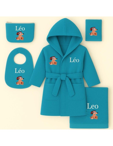Cadeau naissance: peignoir, bavoir, trousse et serviette motif et prénom + gant