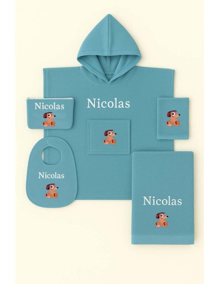 Cadeau naissance: poncho, bavoir, trousse et serviette motif et prénom + gant