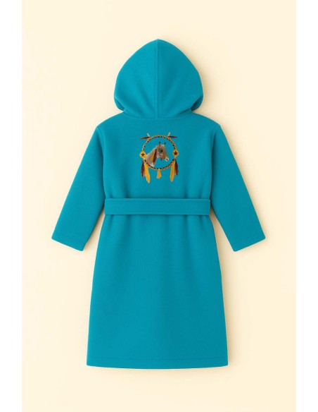 Peignoir brodé enfant personnalisé devant et  motif Attrape rêves cheval au dos