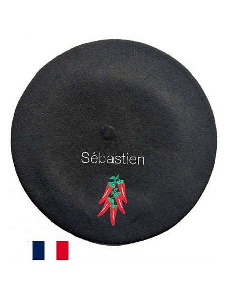 Béret noir piment fabriqué à Bayonne et  personnalisé à Osses